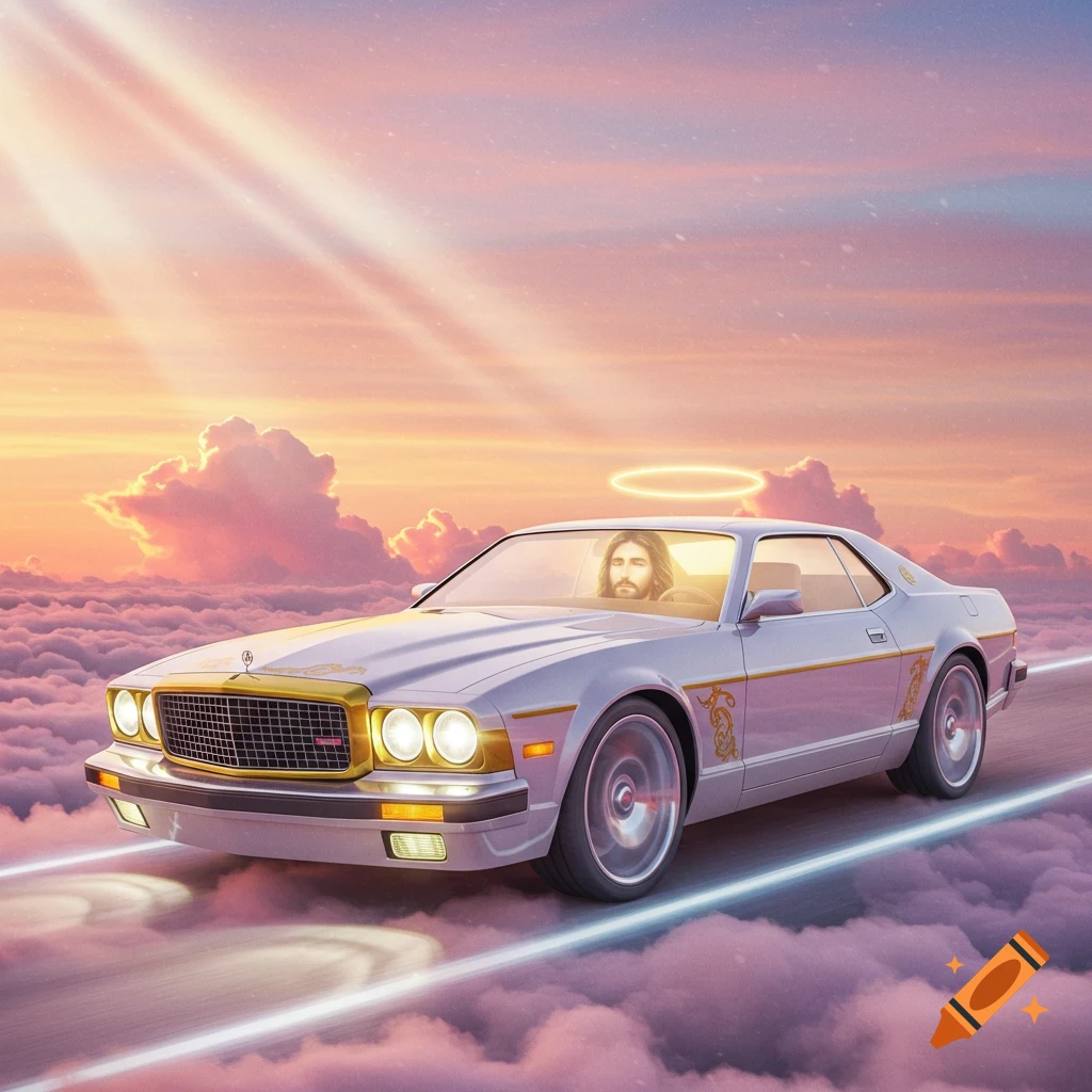 Jesus drives a vintage white car through pink and orange clouds with sunrays, a glowing halo above his head.