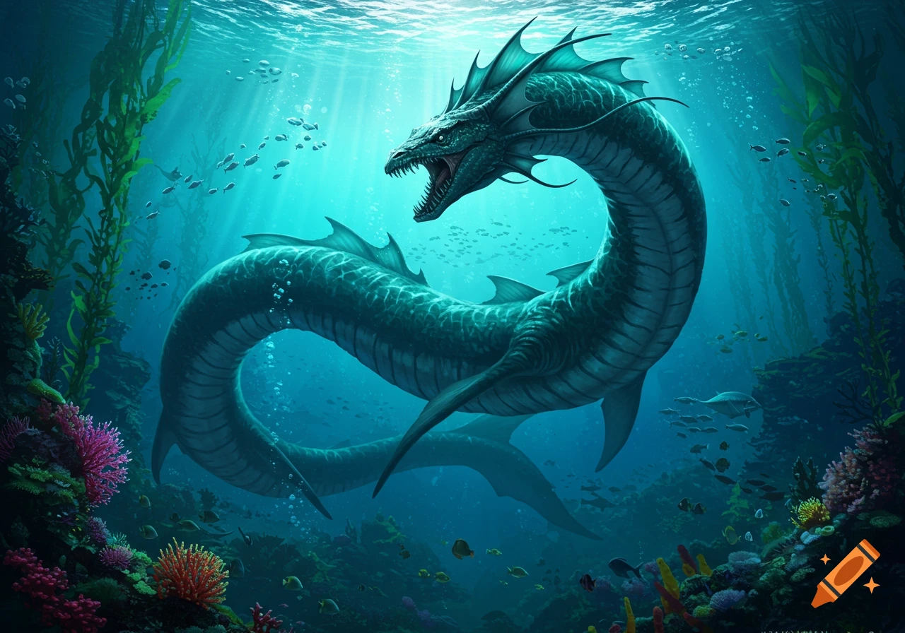A majestic, colossal teal leviathan with sharp teeth and fins swims in a sunlit underwater kelp forest with coral reefs and fish.