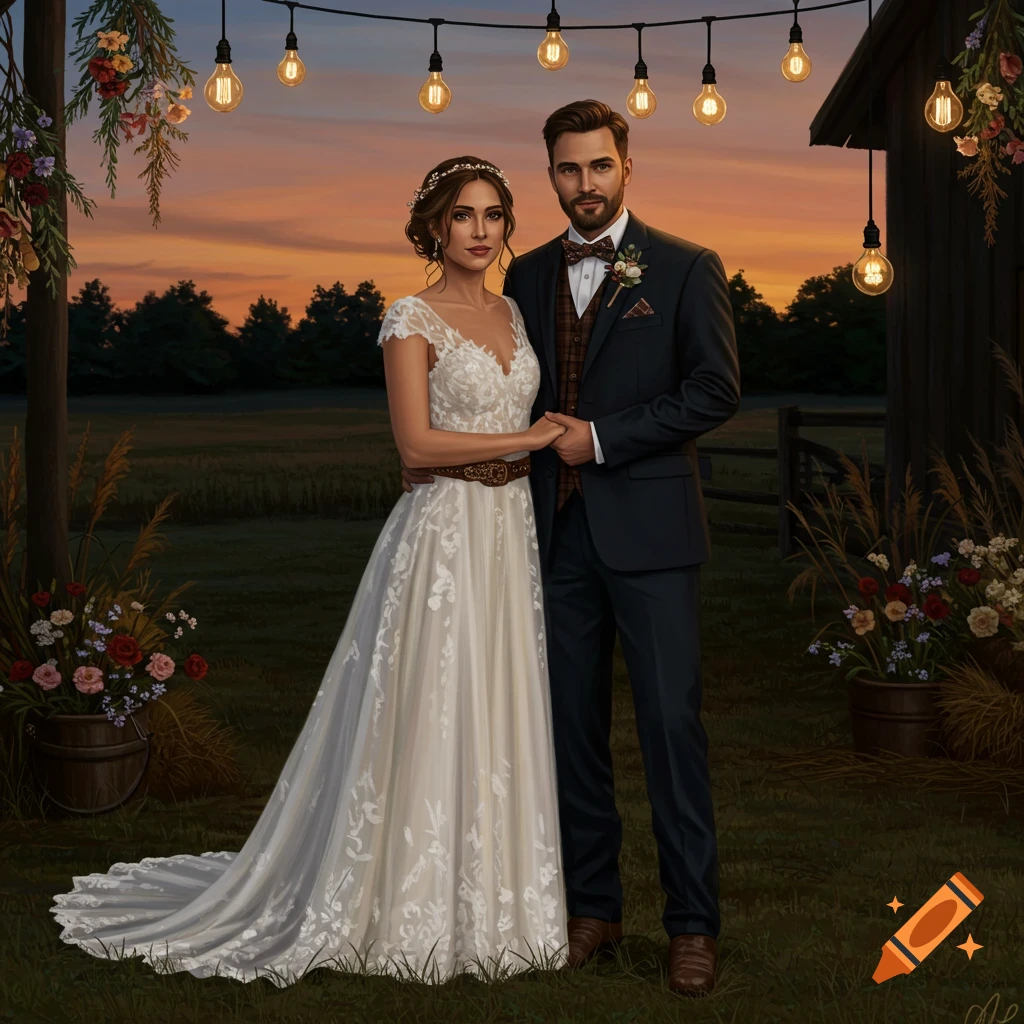 A bride in a lace gown and a groom in a suit stand at sunset under string lights at a rustic wedding.