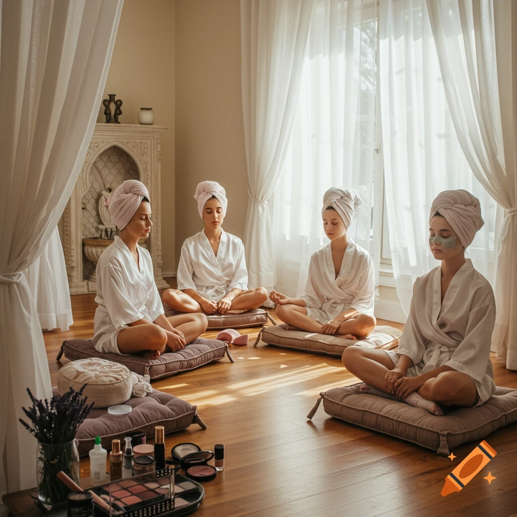 Four young women in white robes and pink towels on their heads meditate on cushions in a sunlit spa room. Photorealistic.