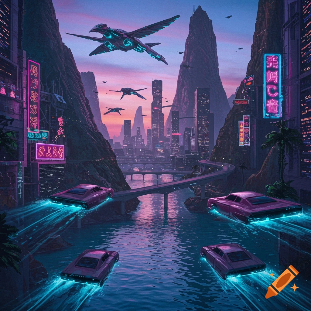Cyberpunk city at sunset with neon signs, flying vehicles, and hovercrafts on a river between towering mountains.