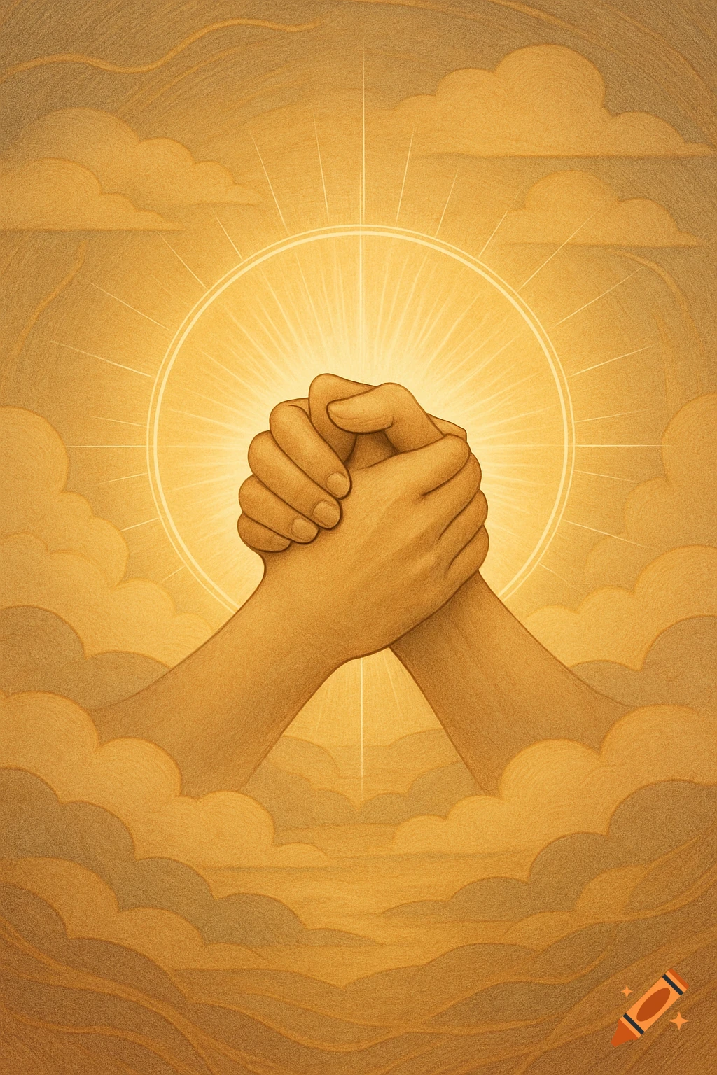 Two hands clasped together amidst golden clouds with a radiant sunburst, in a stylized illustration.