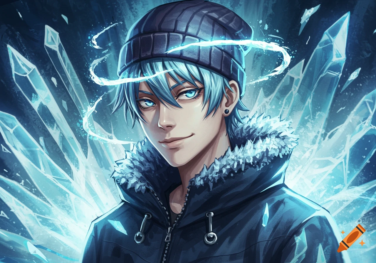 Anime character with light blue hair and eyes, wearing a beanie and fur-lined jacket, surrounded by ice shards.