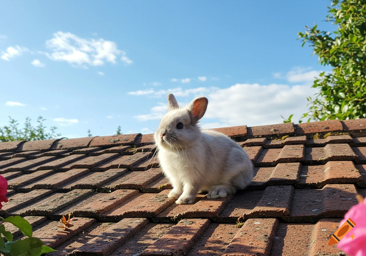 A cute light gray bunny sits on a red tile roof under a clear blue sky with some clouds and green foliage.