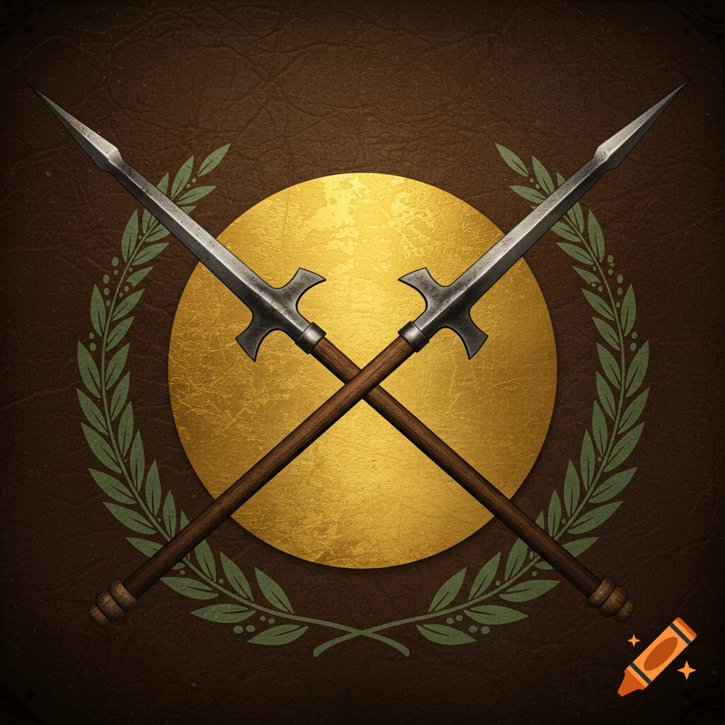 Two crossed lances in front of a golden circle with a green wreath, on a brown textured background.