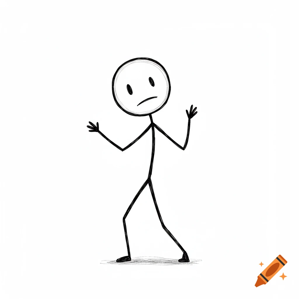 A simple black stick figure with a sad expression and hands raised, on a white background.