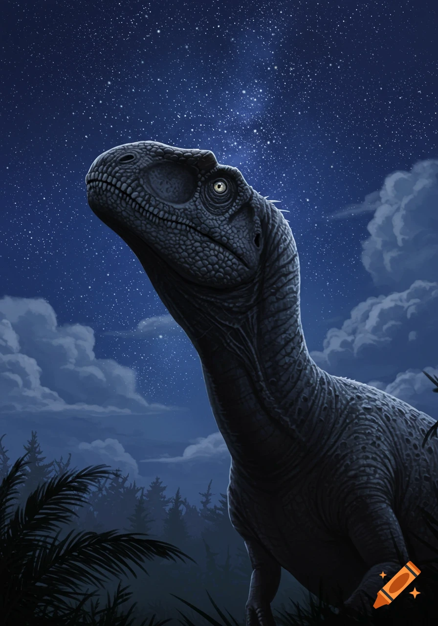 An Allosaurus looks up at a starry night sky above a dark forest.