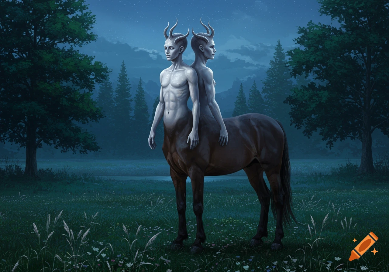 A two-headed reverse centaur stands in a moonlit field with trees in the background, in a realistic art style.