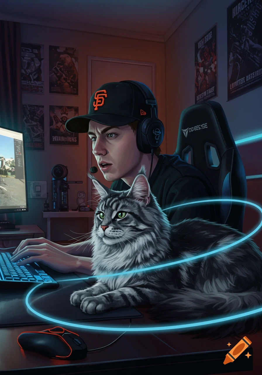 A young male gamer wearing a San Francisco Giants hat and headset sits at his computer with his large Maine Coon cat on the desk in front of him, surrounded by glowing blue lines.