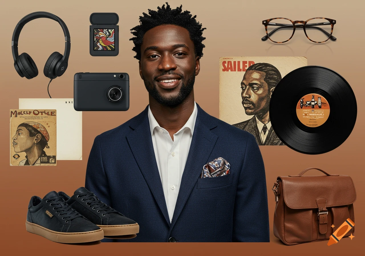A smiling Black man in a suit surrounded by everyday items like headphones, a camera, sneakers, a record player, a bag, glasses, and a magazine, all against a brown background.