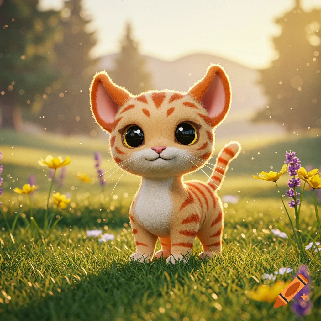 A cute, stylized orange tabby cat with big eyes stands in a vibrant green field with yellow and purple flowers.