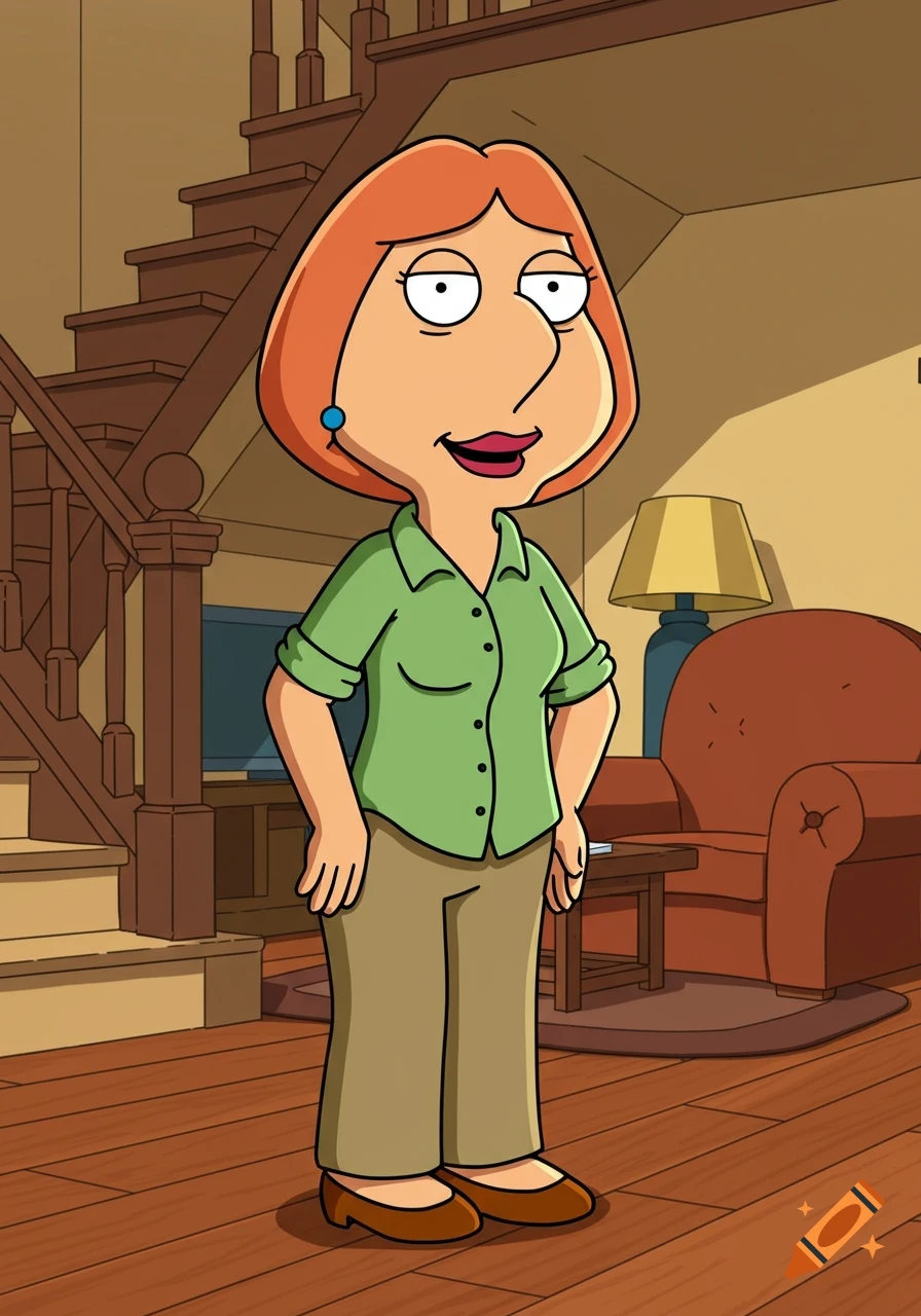 Lois Griffin, a cartoon woman with red hair and a green shirt, stands in a living room with a staircase and armchair.