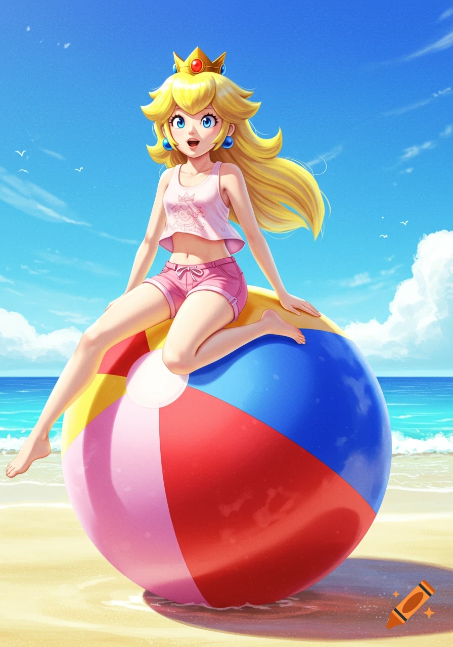 Princess Peach in a pink crop top and shorts, sitting on a colorful beach ball on a sunny beach. Anime style.