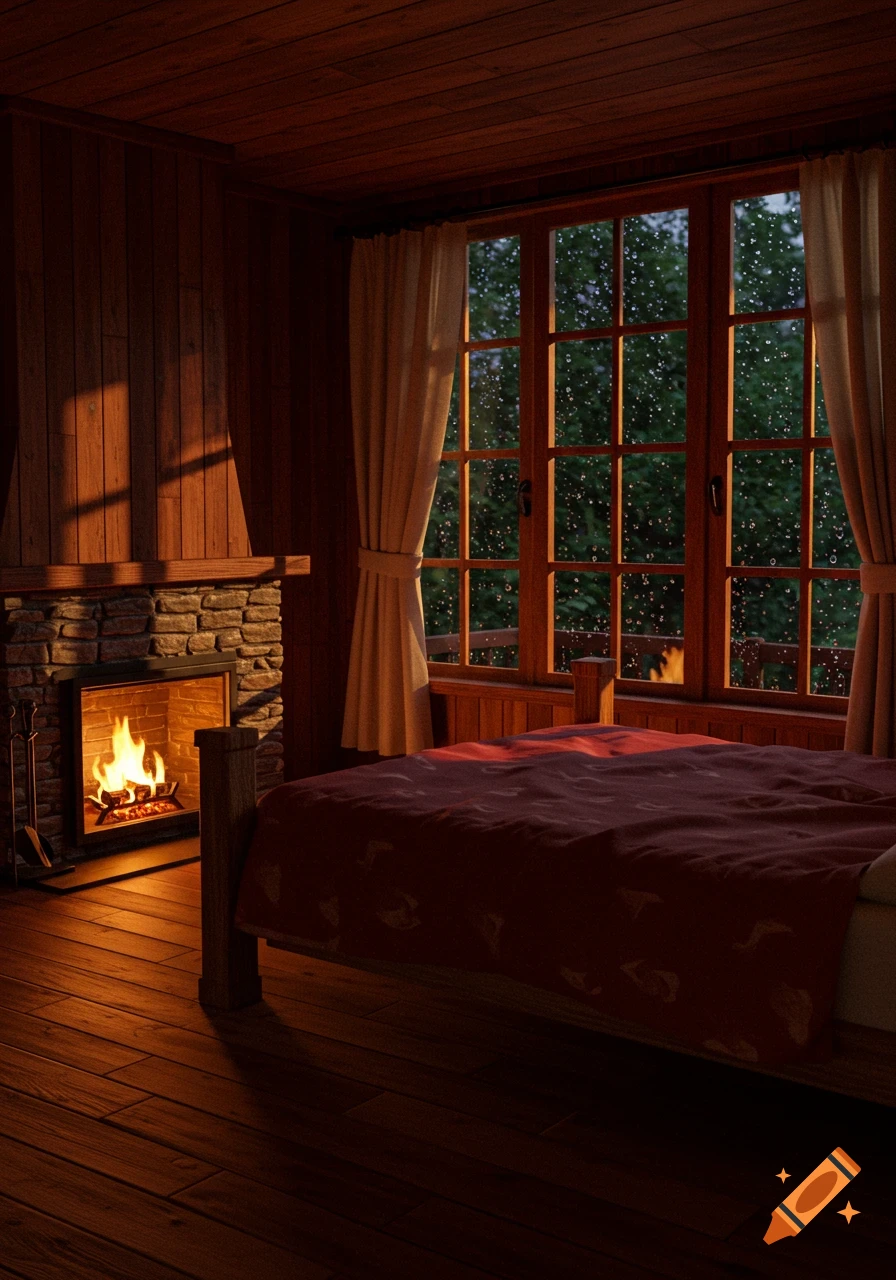 Cozy bedroom with a lit fireplace, wooden interior, and a window with rain falling outside, creating a warm, inviting atmosphere.