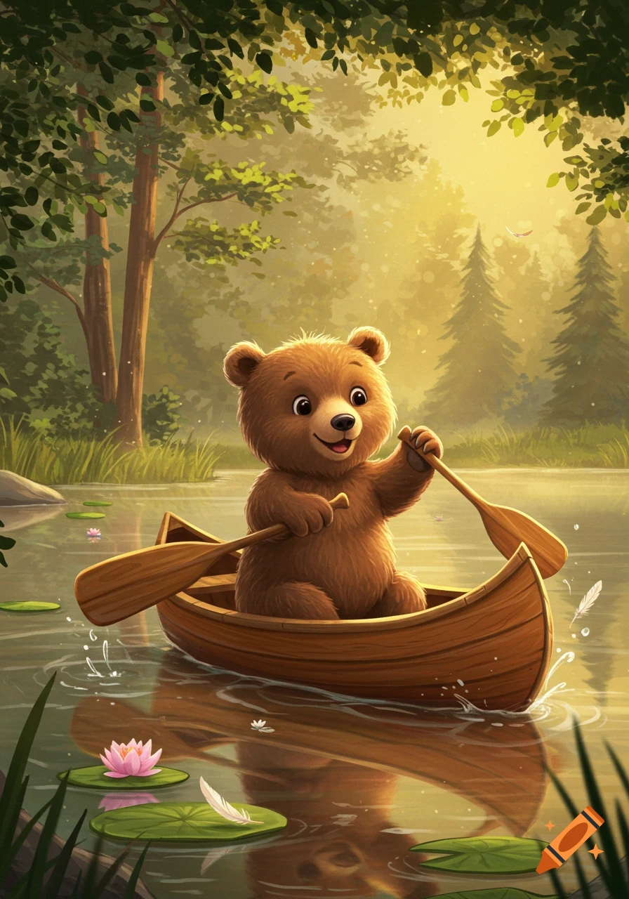 A cute brown cartoon bear smiles while paddling a wooden canoe on a peaceful lake surrounded by trees with warm sunlight.