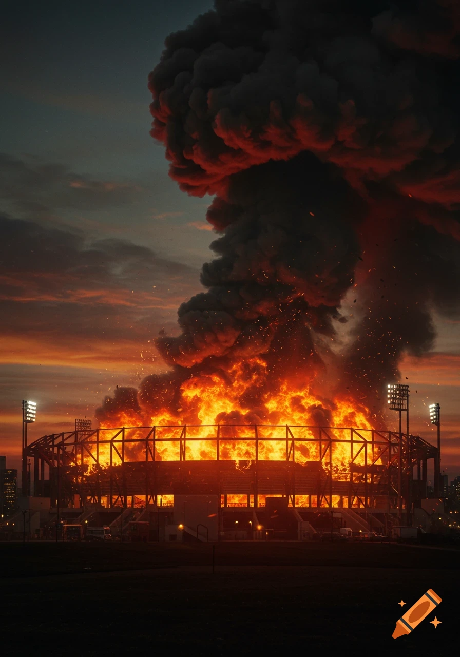 A photorealistic image of a football stadium engulfed in large flames and thick dark smoke rising into a twilight sky.