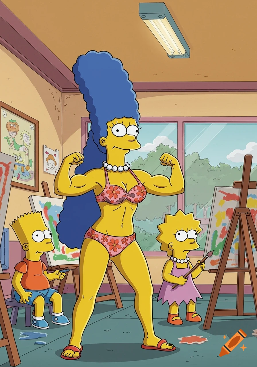 Marge Simpson flexes in a bikini in an art class while Bart and Lisa draw.