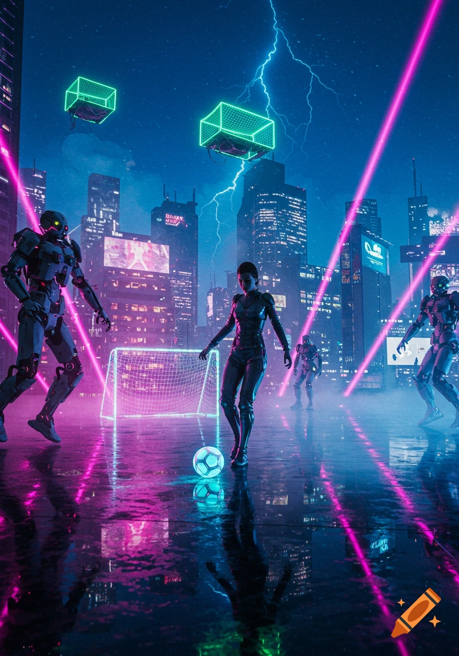 A woman plays futuristic soccer with robots and glowing elements in a neon cyberpunk city.