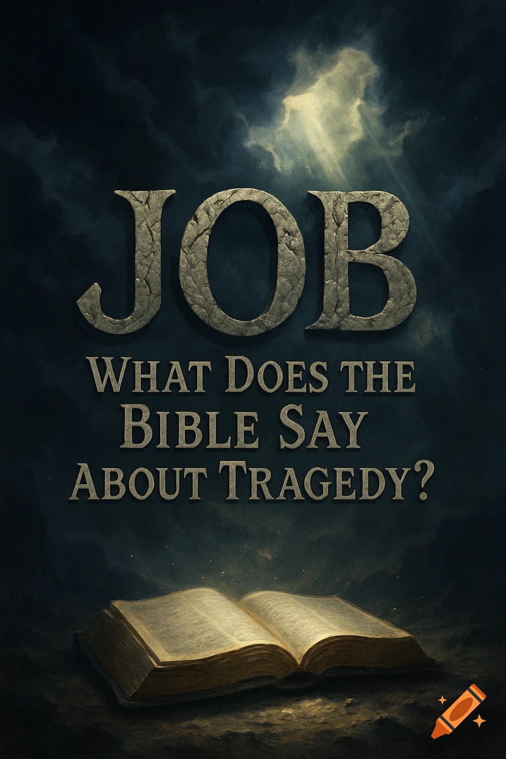 A somber image with the text 'JOB WHAT DOES THE BIBLE SAY ABOUT TRAGEDY?' above an open Bible, against a dark, cloudy sky.
