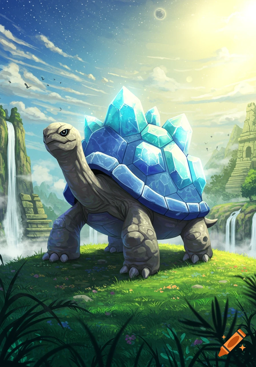 A vibrant fantasy illustration of the Pokemon Terapagos, a large tortoise with a glowing blue crystal shell, on a grassy hill with waterfalls and ruins.