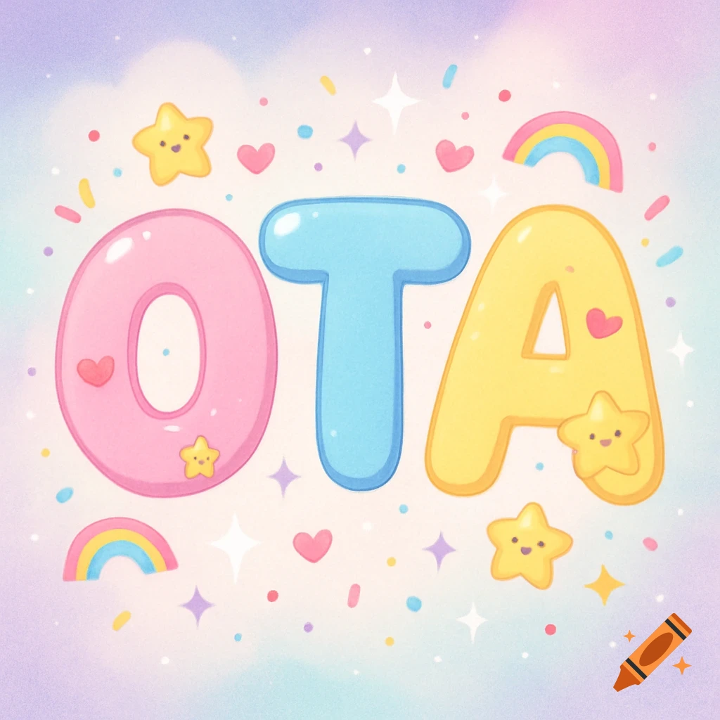 The word OTA spelled out in large, colorful bubble letters (pink O, blue T, yellow A) surrounded by hearts, stars, and rainbows on a pastel background.