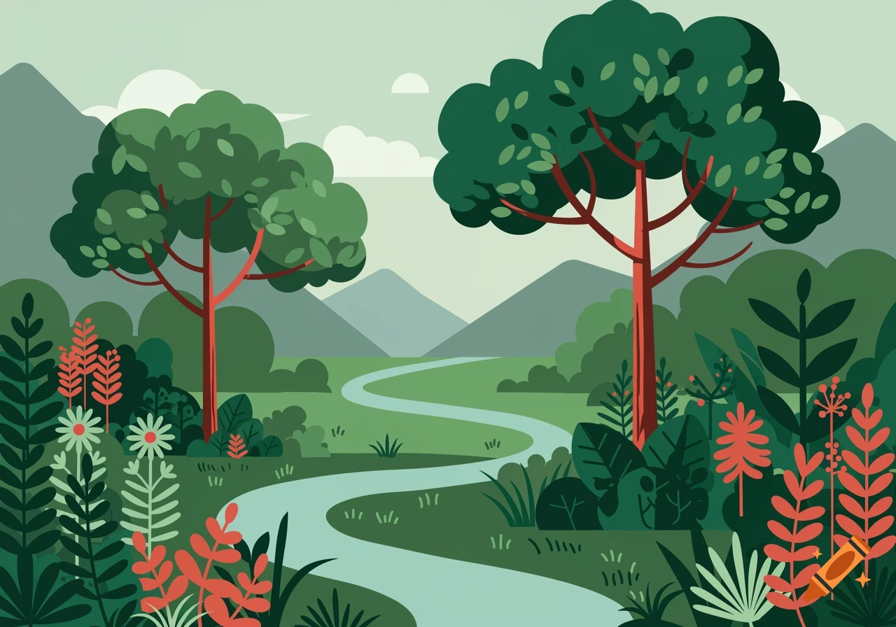 A flat illustration of a winding river through a lush green landscape with trees and vibrant plants, under a light sky with mountains.