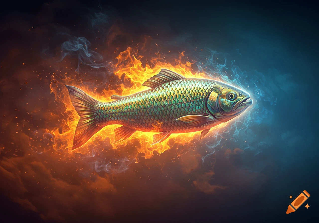 A vibrant fish surrounded by orange flames and blue smoke against a dark background.
