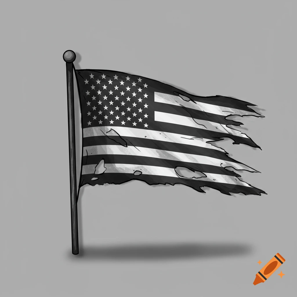 A black and white illustration of a tattered American flag on a flagpole, casting a shadow on a grey background.