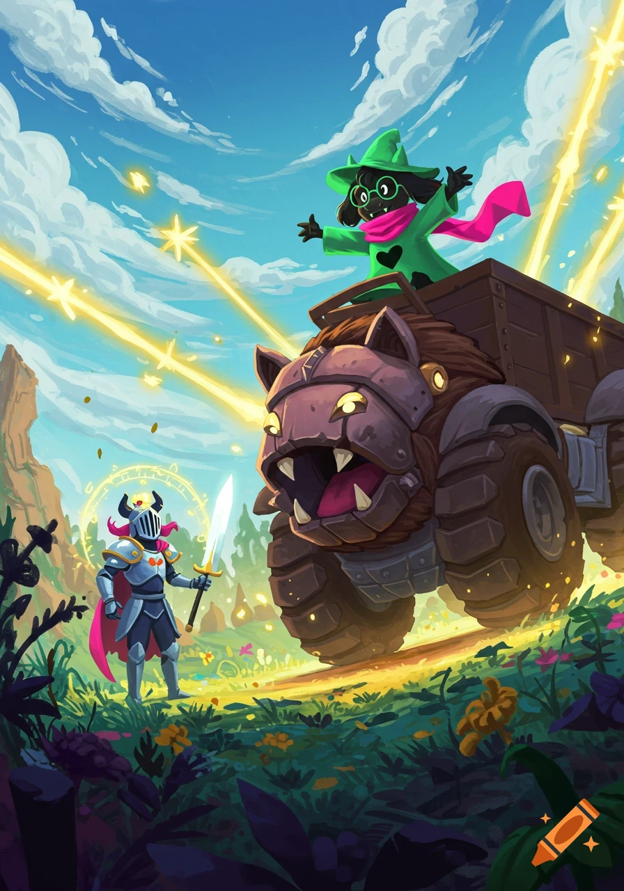A green-robed goat-like creature with glasses on a large monster-truck-like creature faces a knight with a sword in a vibrant fantasy landscape.