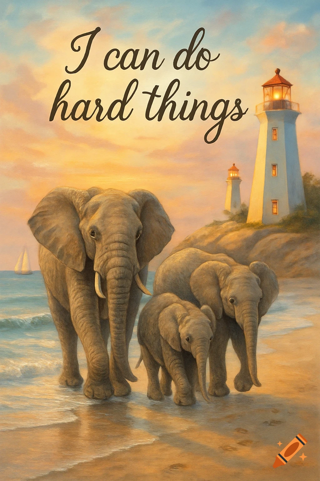 Painterly image of three elephants on a sandy beach at sunset, with lighthouses and a sailboat. Text reads 'I can do hard things'.