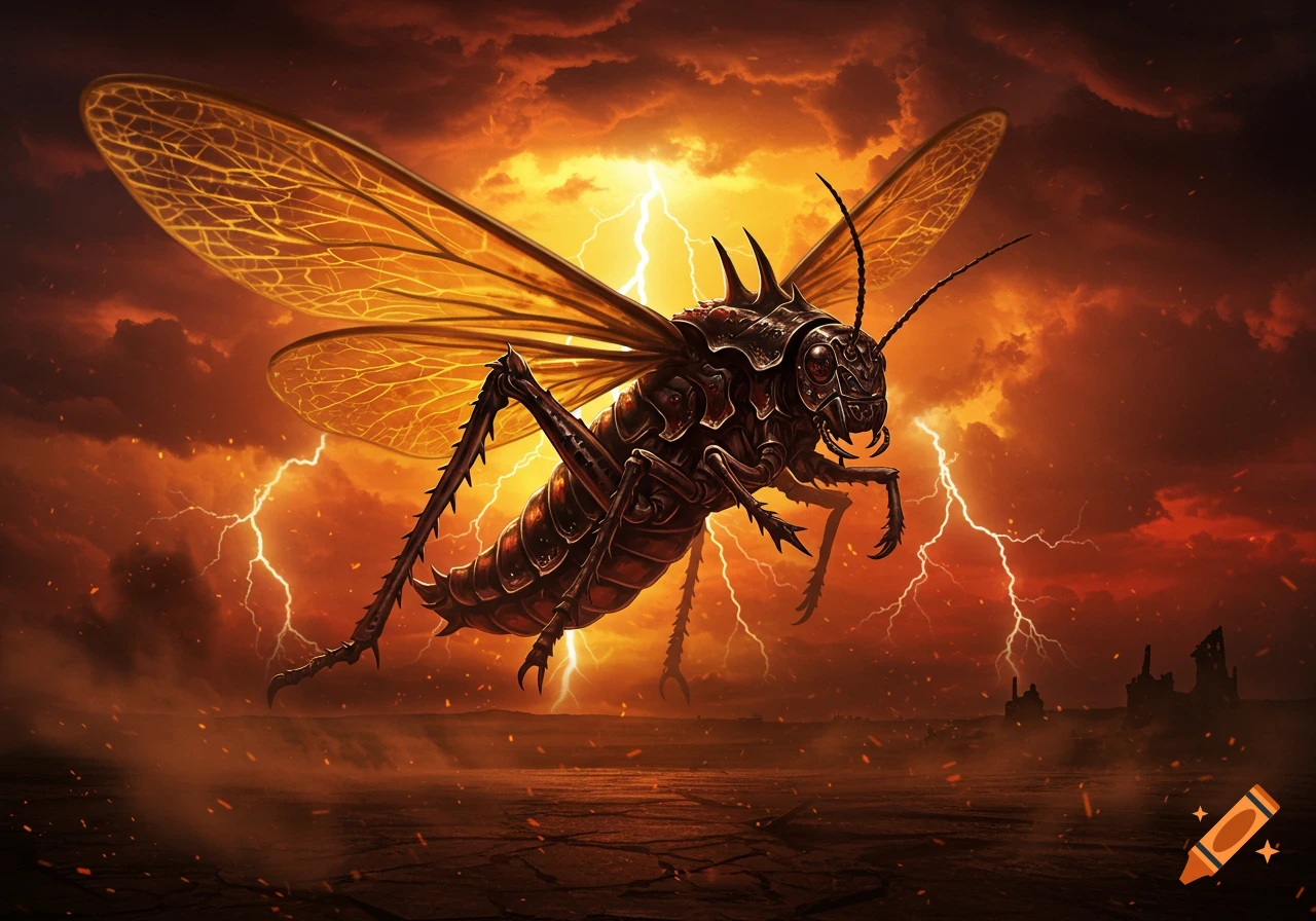 A menacing, armored locust-like creature with glowing wings flies through a stormy, lightning-filled red sky over a desolate landscape.
