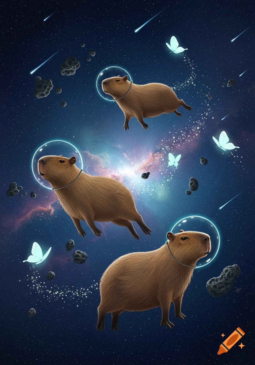 Three capybaras float in a star-filled space with glowing rings, surrounded by light blue butterflies, asteroids, and shooting stars.