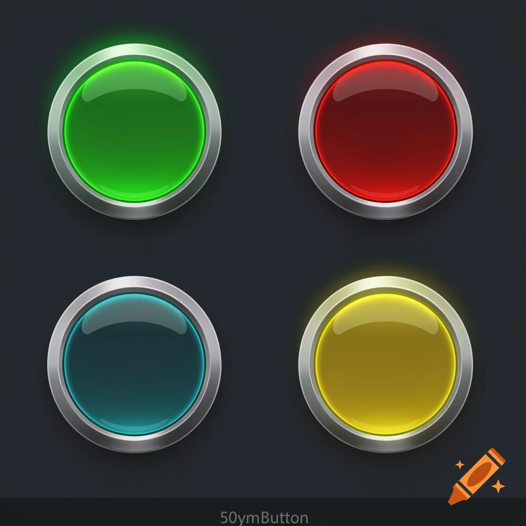 Four glossy round buttons with metallic bezels in green, red, teal, and yellow, on a dark background.
