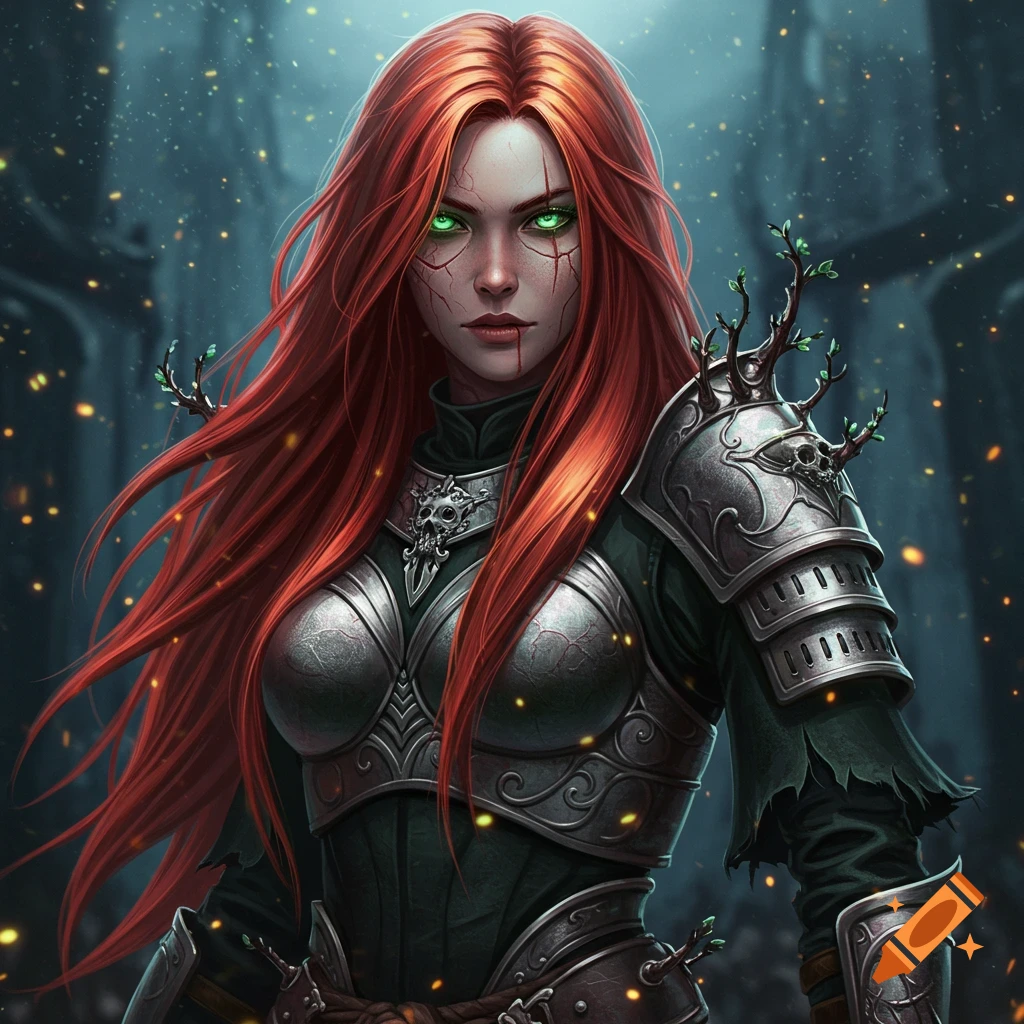 A fantasy warrior woman with long red hair, glowing green eyes, and cracked skin, wearing ornate silver armor with skull and branch motifs against a dark background.