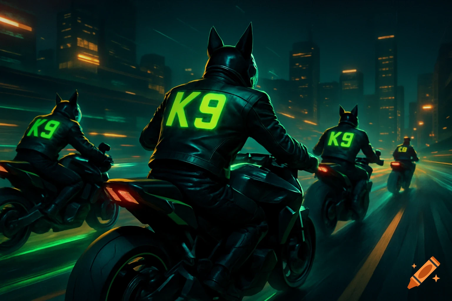 Cyberpunk K-9 motorcycle gang riding through a neon-lit city at night, seen from behind.