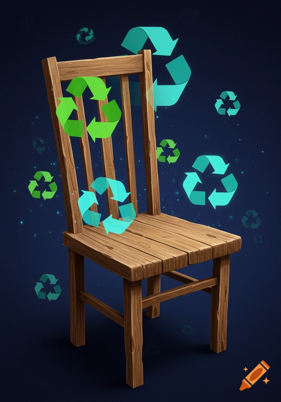 A stylized illustration of a wooden chair surrounded by floating green and blue recycling symbols on a dark blue background.