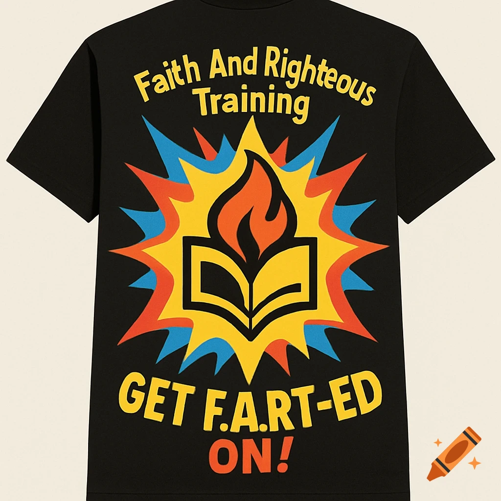 Black t-shirt with a colorful explosion logo featuring an open book and flame. Text: 'Faith And Righteous Training' and 'GET F.A.R.T-ED ON!'.