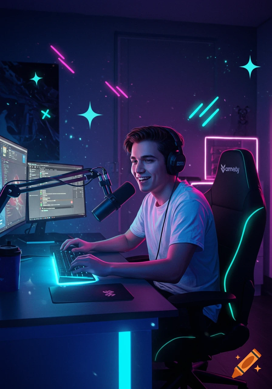 A smiling young male streamer wearing headphones at a glowing gaming setup with a microphone, keyboard, and multiple monitors in a neon-lit room.