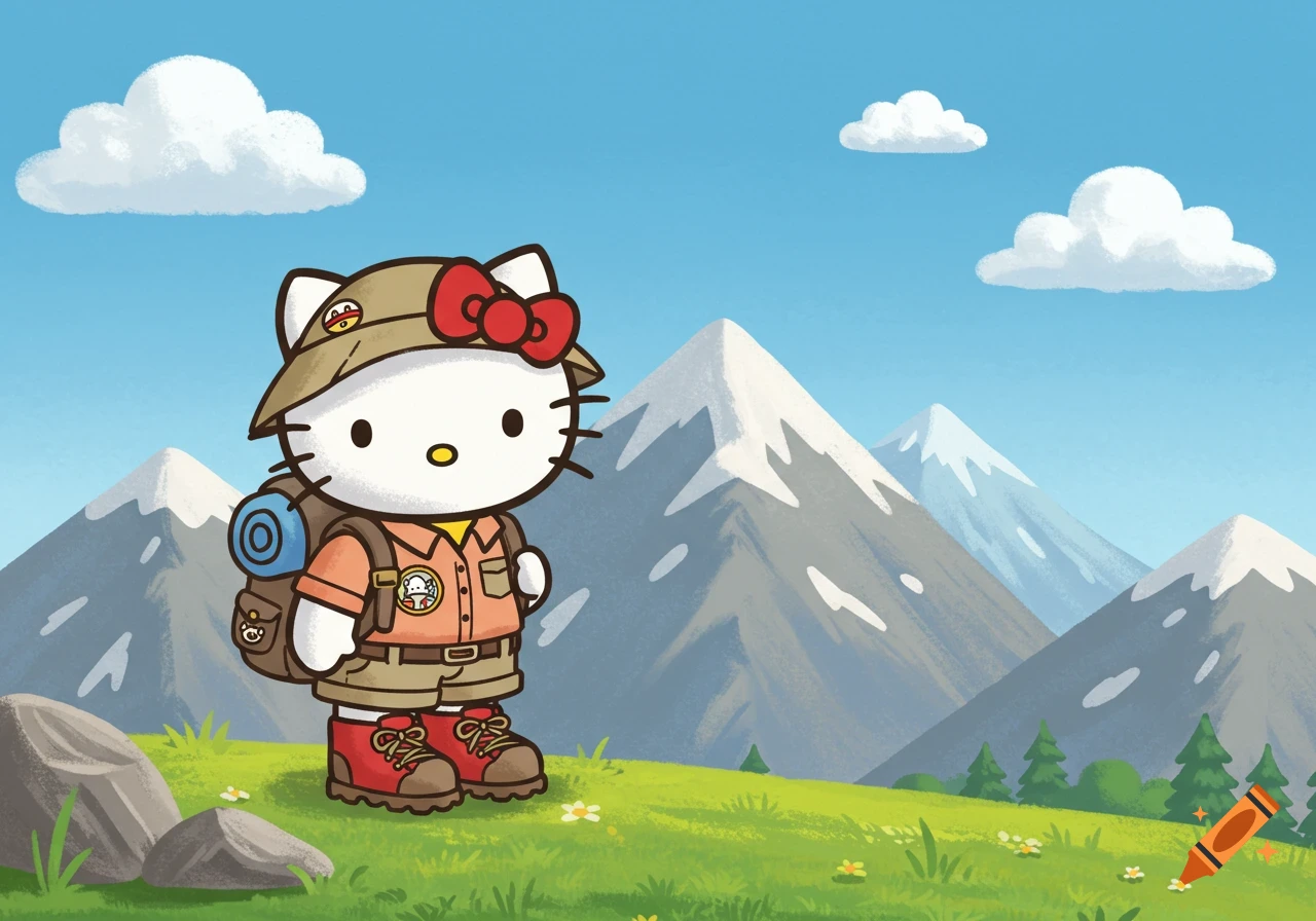 Hello Kitty in a hiking outfit with a backpack stands on a grassy hill with mountains in the background, in a cartoon style.