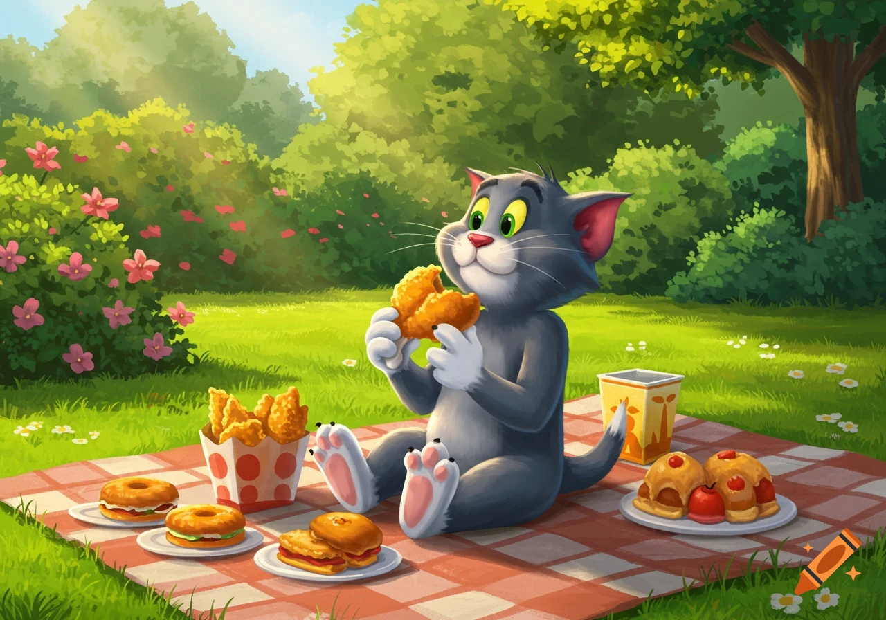 Tom the cat sitting on a red and white checkered blanket, eating fried chicken at a sunny picnic in a grassy park.