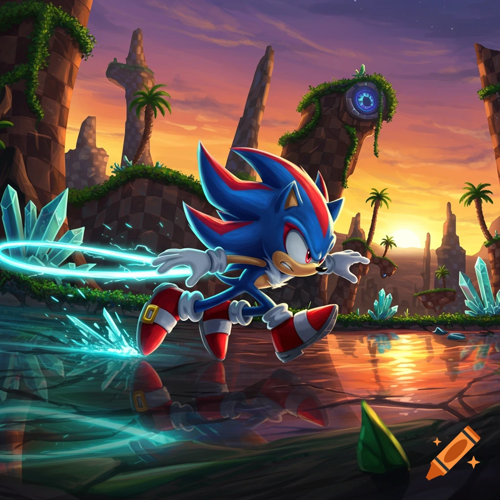 A blue and red hedgehog-like character, resembling Sonic, runs over water with a neon trail in a vibrant, stylized landscape at sunset.