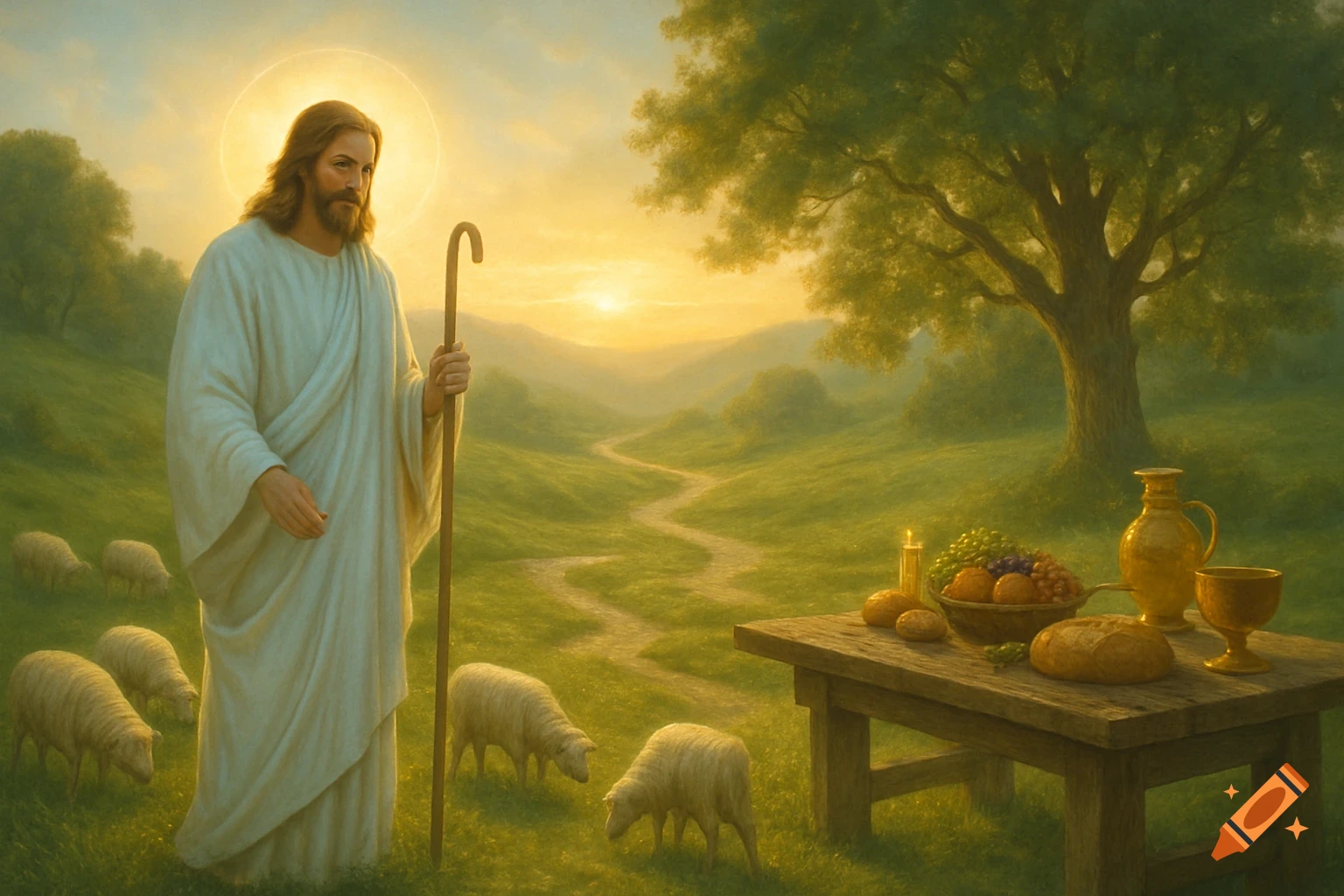 Jesus, depicted as a shepherd, stands in a lush green valley with sheep at sunrise, a table laden with food nearby.