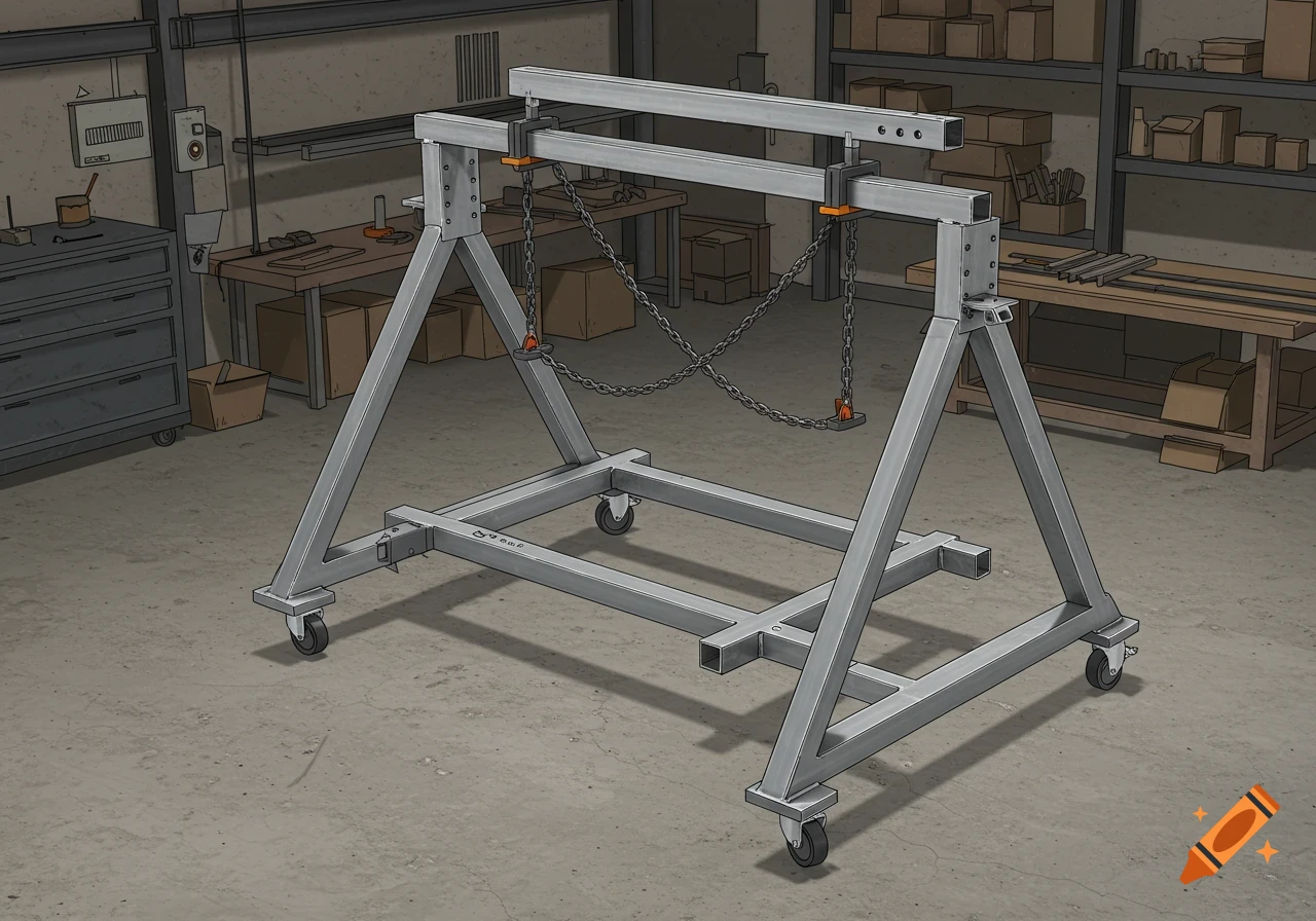 A 3D isometric sketch of an industrial A-frame structure with chains and caster wheels, set in a workshop.