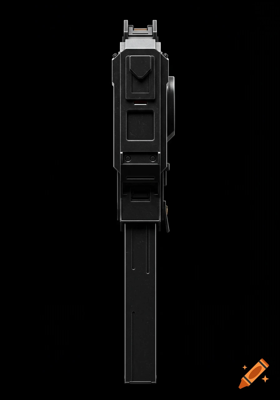 A jet black futuristic sub machine blaster with intricate metallic details against a solid black background.