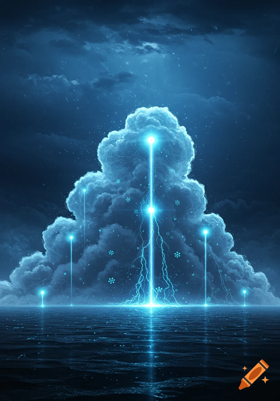 A massive digital cloud over dark water, illuminated by glowing blue light beams and lightning strikes, under a stormy sky.