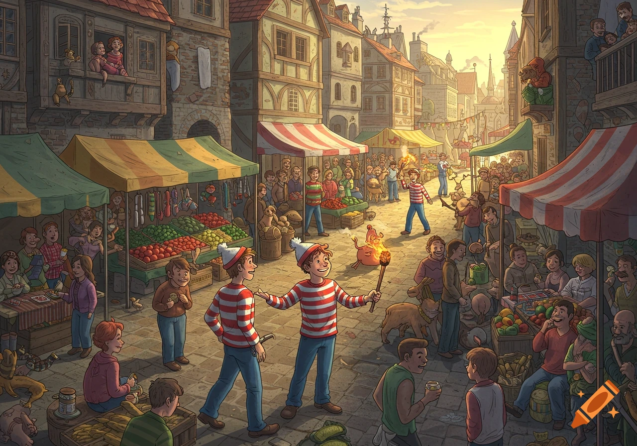 An illustration in the style of Where's Waldo, showing a bustling medieval market square with many people, including multiple characters in red and white striped shirts and hats, under a warm sunset sky.