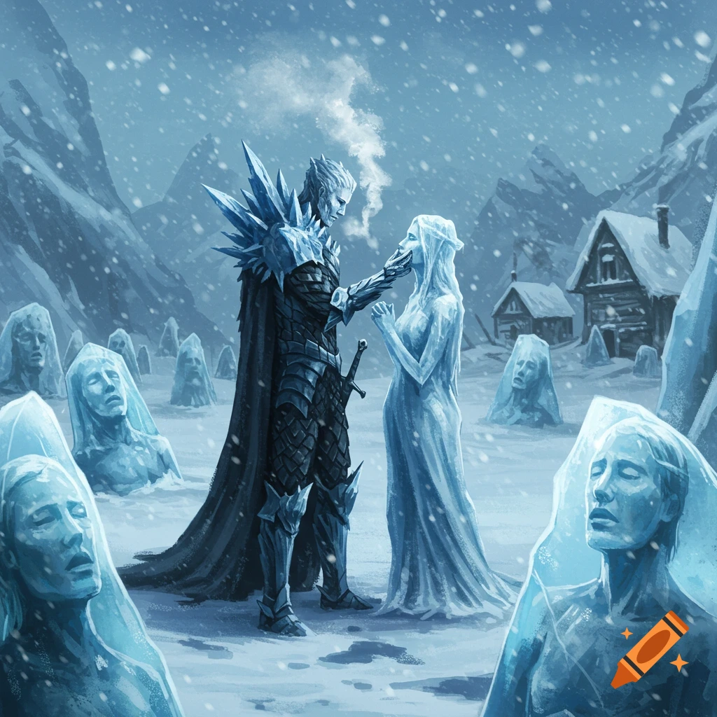An ice-armored figure gently touches a frozen woman's face in a snowy wasteland surrounded by ice statues and distant village.