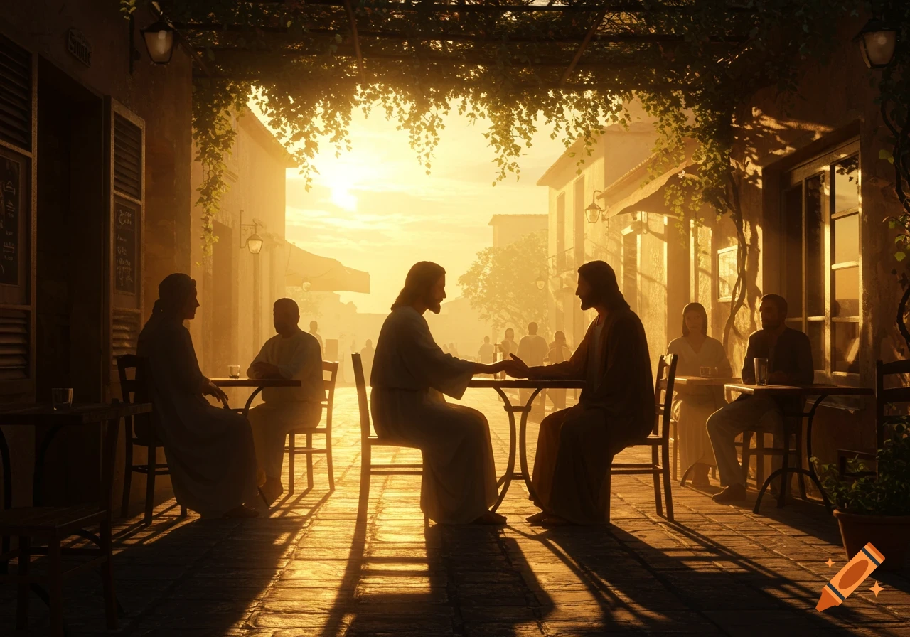 Jesus and another person sit at a table, hands touching, across from each other in a sun-drenched outdoor cafe scene with other figures and buildings in the background.