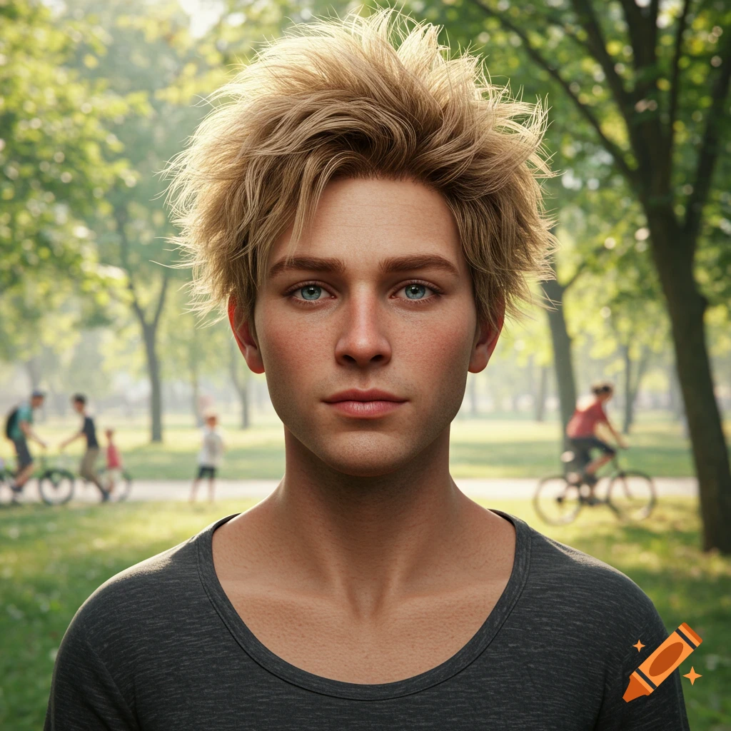 A photorealistic portrait of a young blonde man with blue eyes looking forward, in a park with blurred background figures.