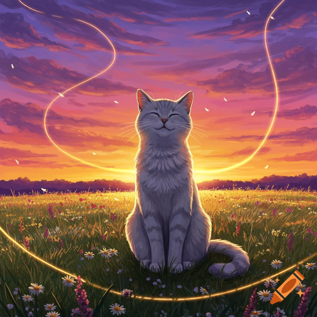 A content grey cat sits in a vibrant flower field under a dramatic purple and orange sunset, with glowing golden lines swirling around.
